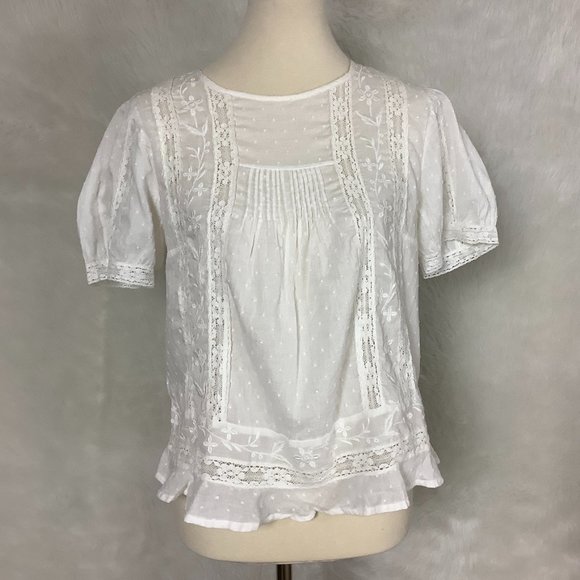Anthropologie Tops - Meadow Rue Montecito Ivory Swiss Dot Embroidered Lace Floral Cotton Blouse